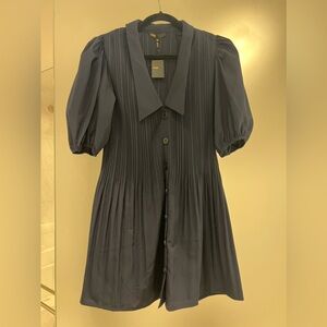 Maje Blue A-line Dress with Notched Collar and Puff Sleeves